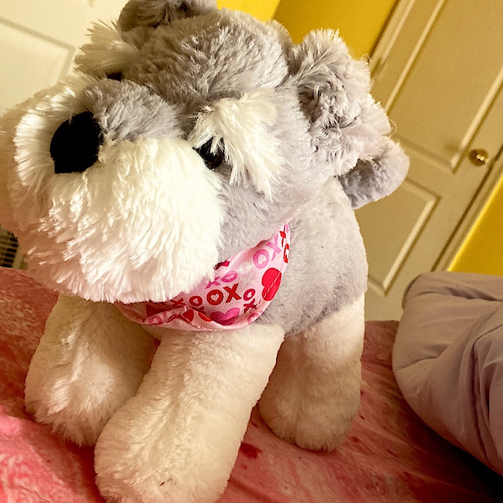 Fluffy dog teddy bear with a oxox bandanna